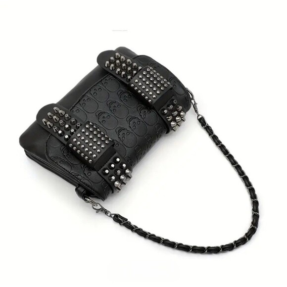 Punk goth style vegan skull with studs and chain purse - Picture 3 of 5